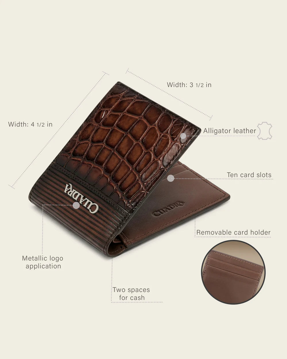 BC047AL - Cuadra honey alligator leather bi fold wallet for men