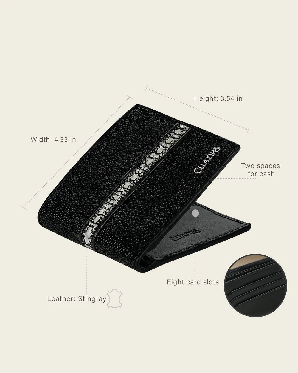 BC057MA - Cuadra black stingray leather bi fold wallet for men