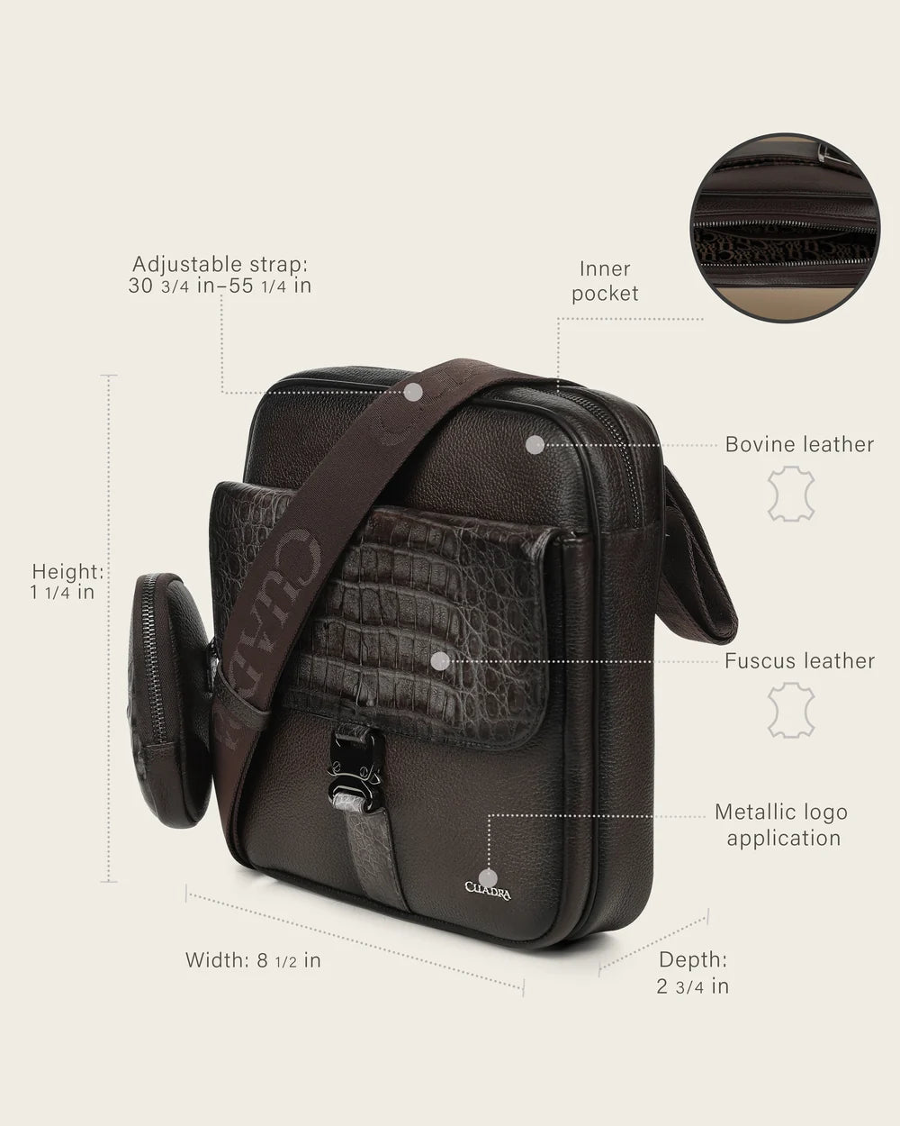 BOC61FY - Cuadra gray casual fashion caiman crossbody messenger bag for men