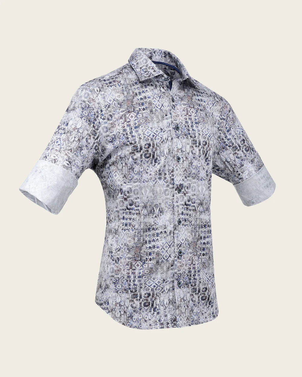 CMC1200 - Cuadra gray and navy mosaic print fashion shirt for men