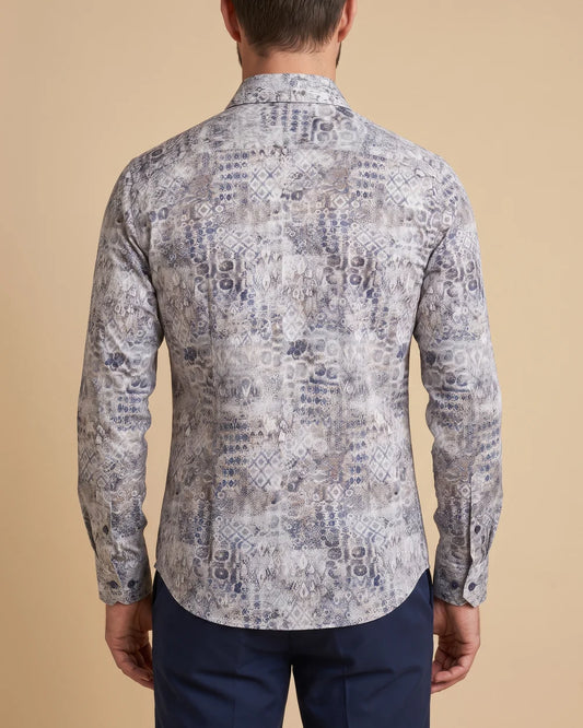 CMC1200 - Cuadra gray and navy mosaic print fashion shirt for men