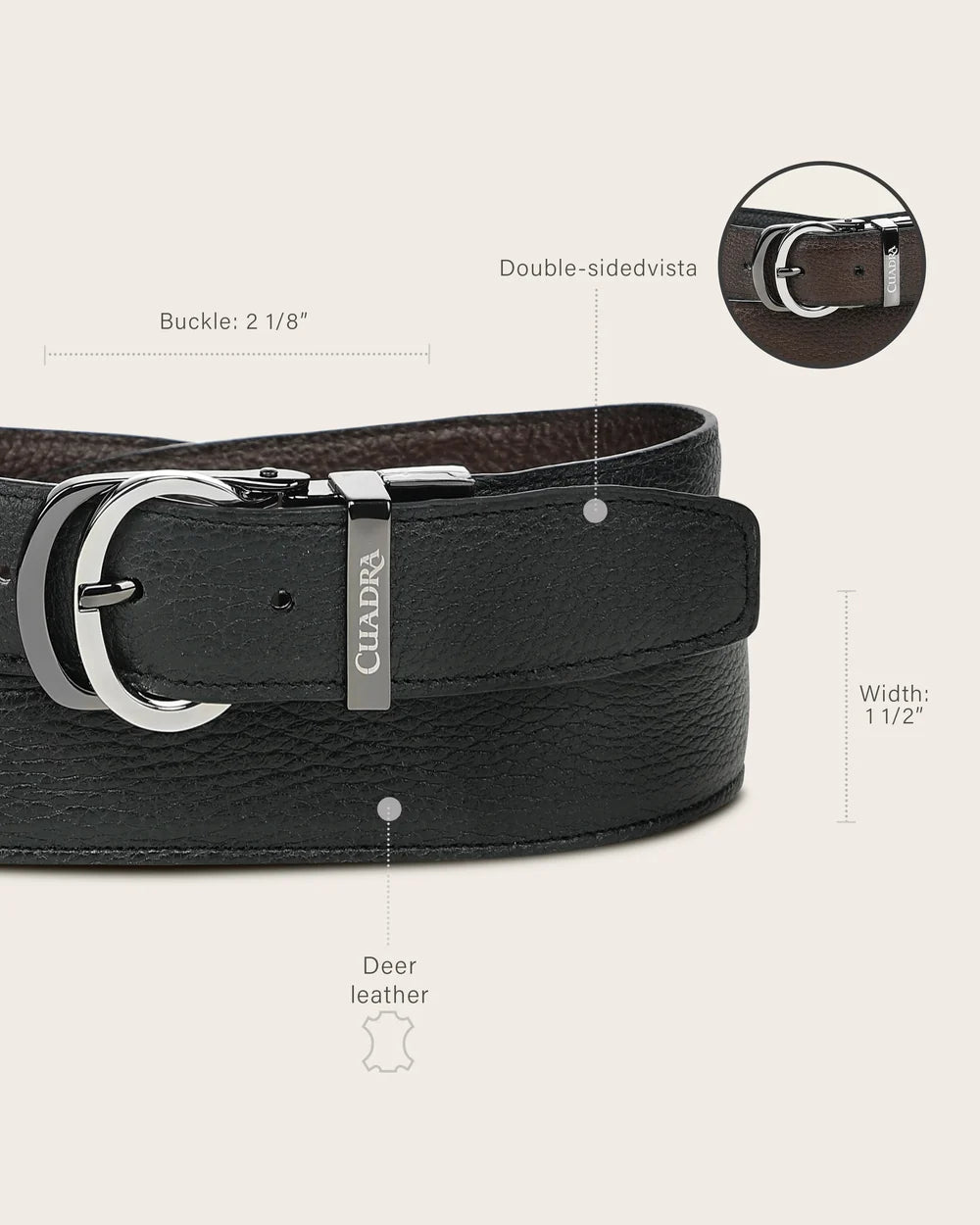 CS583VE - Cuadra black and brown reversible deer leather belt for men