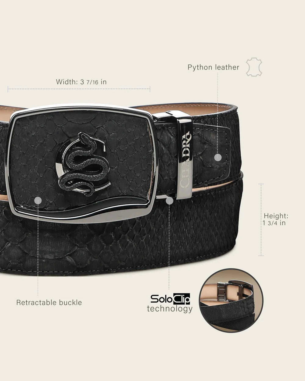 CV519PH - Cuadra Black Casual Fashion Genuine Python Leather Belt for Men