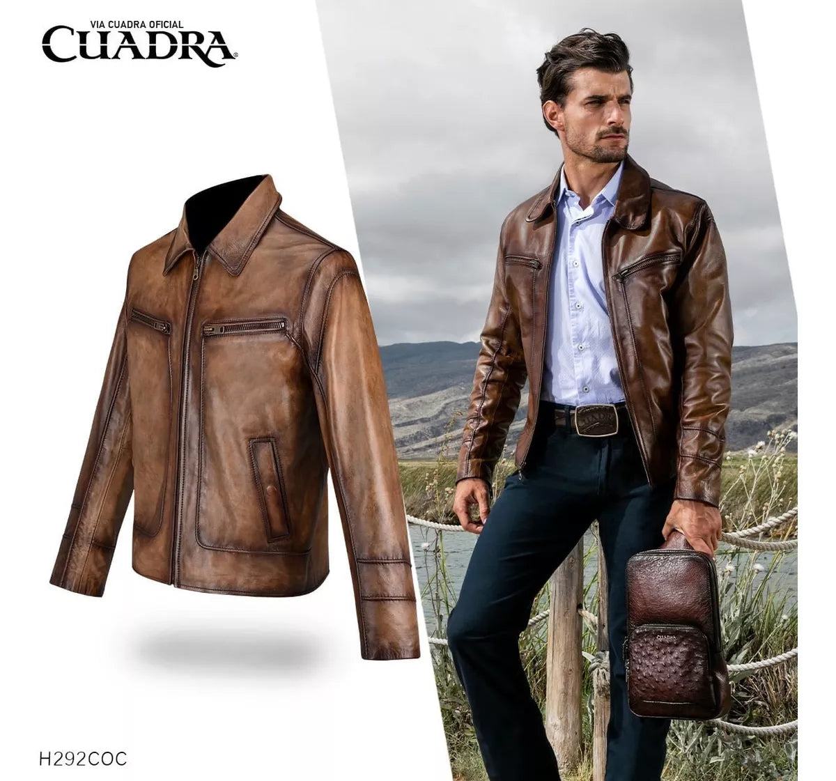 H292COC - Cuadra brown casual fashion quilted lambskin leather jacket for men