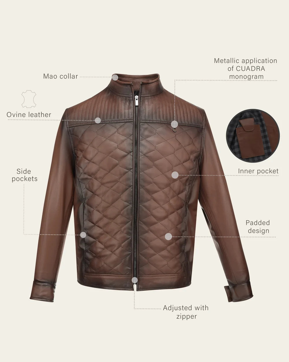 H427COC - Cuadra Brown Casual Fashion Quilted Ovine Leather Jacket for Men