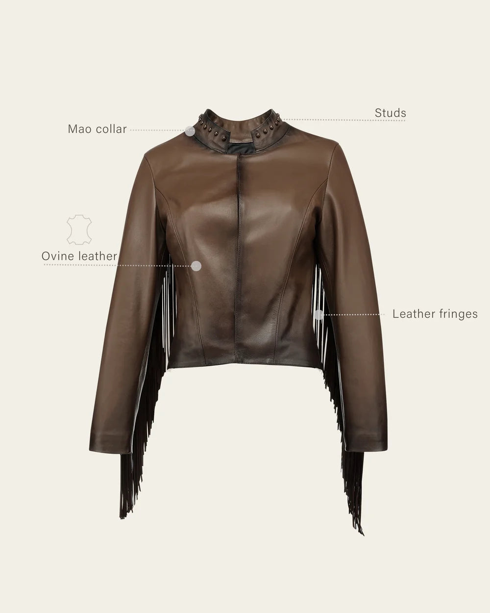 M384COA - Cuadra chocolate studded fringe leather jacket for women