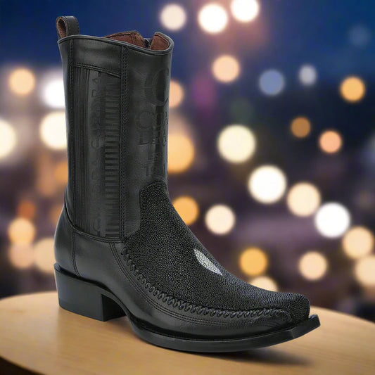 1J2KMA - Cuadra Black Dress Cowboy Stingray Leather Zip Ankle Boots