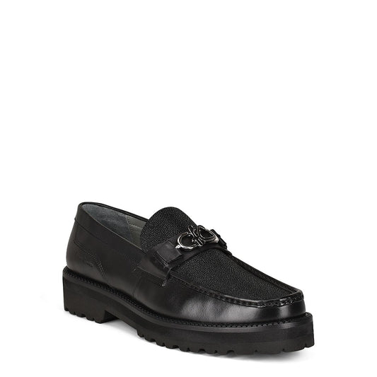 2D7MTTS - Cuadra black casual stingray leather platform bit moccasins for men-Kuet.us