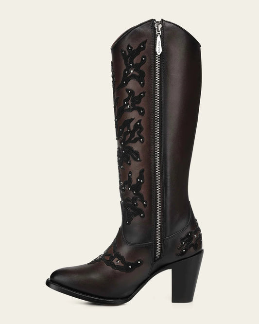 3F0ZRS - Cuadra Women's Chocolate Knee-High Cowgirl Boots with Studded Suede Overlays