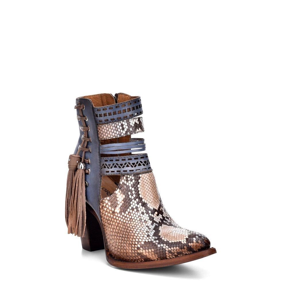 3F29PH - Cuadra sky blue western cowgirl python skin fringed ankle boots women-Kuet.us