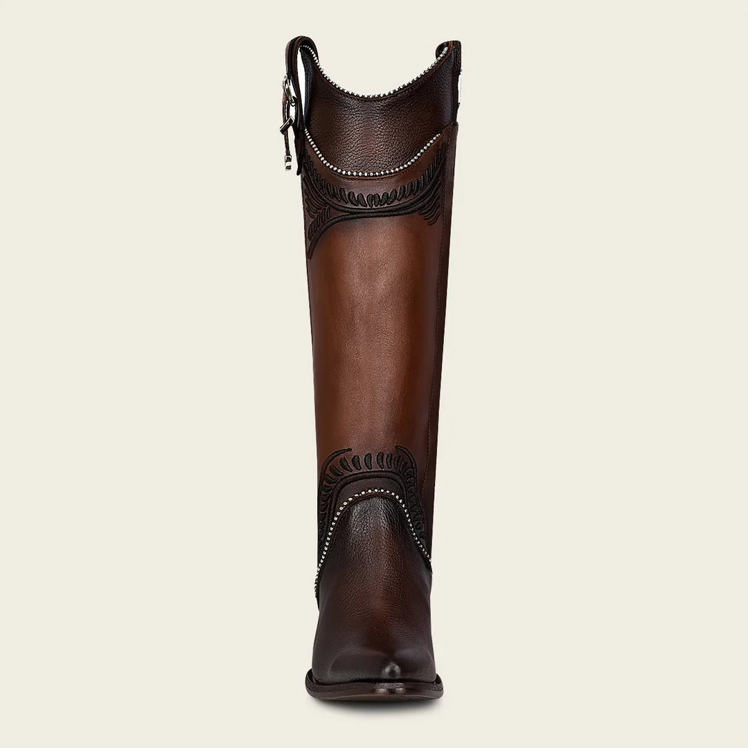 3F82RS - Cuadra brown western cowgirl cowhide leather knee high boots for women