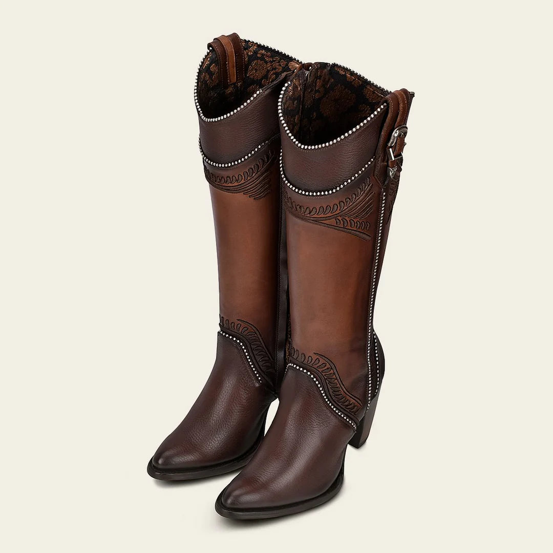 3F82RS - Cuadra brown western cowgirl cowhide leather knee high boots for women