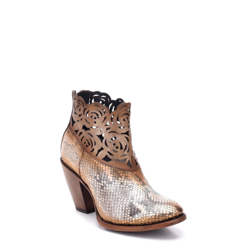 3I13PH - Cuadra metallic gold western cowgirl python skin ankle boots for women-Kuet.us