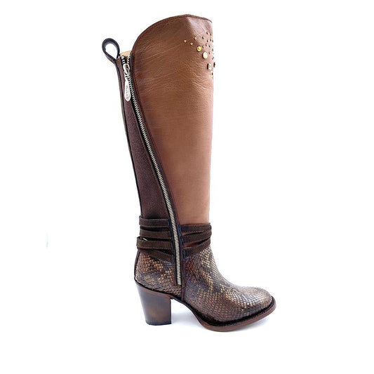 3W03PH - Cuadra brown western cowgirl python skin knee high boots for women-Kuet.us