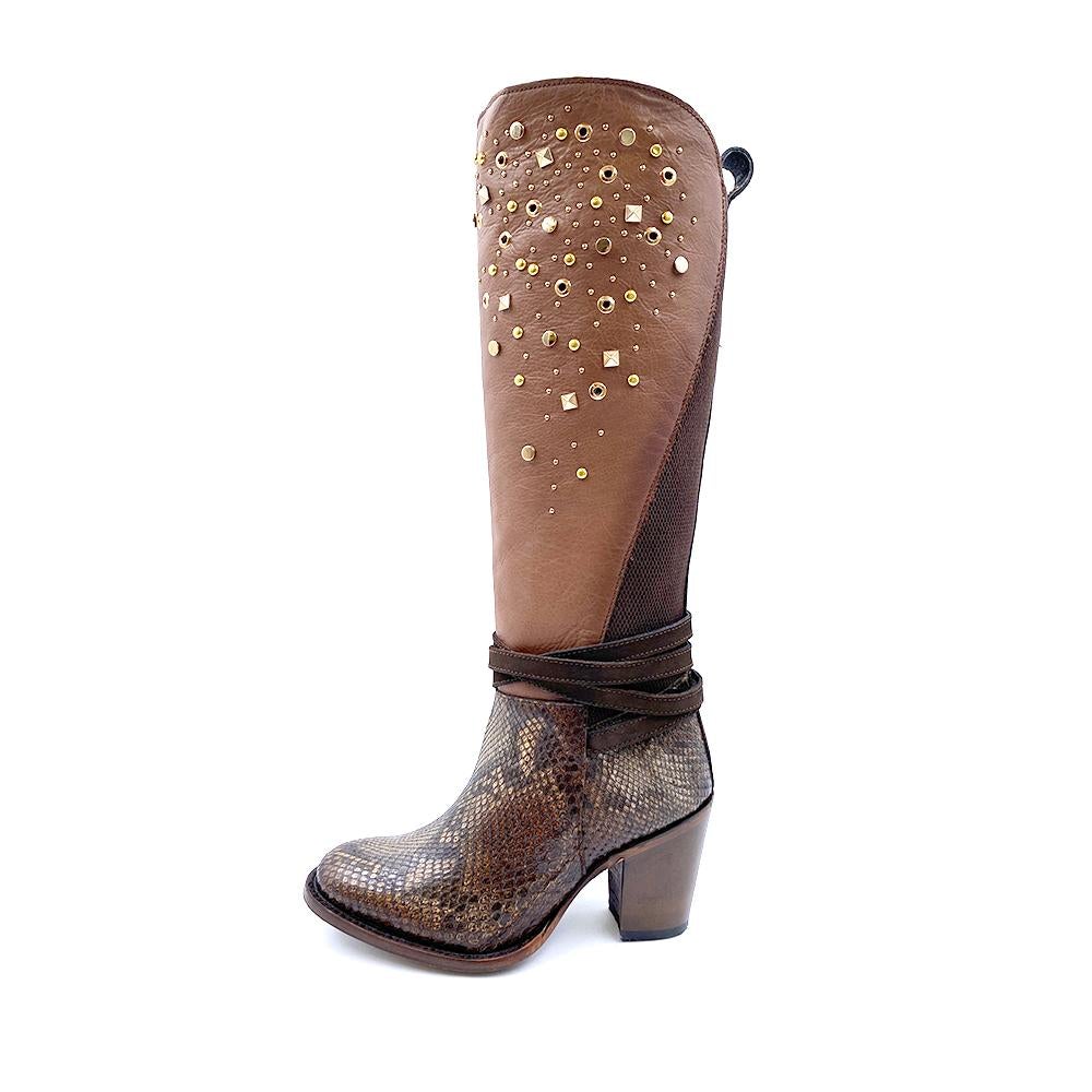 3W03PH - Cuadra brown western cowgirl python skin knee high boots for women-Kuet.us