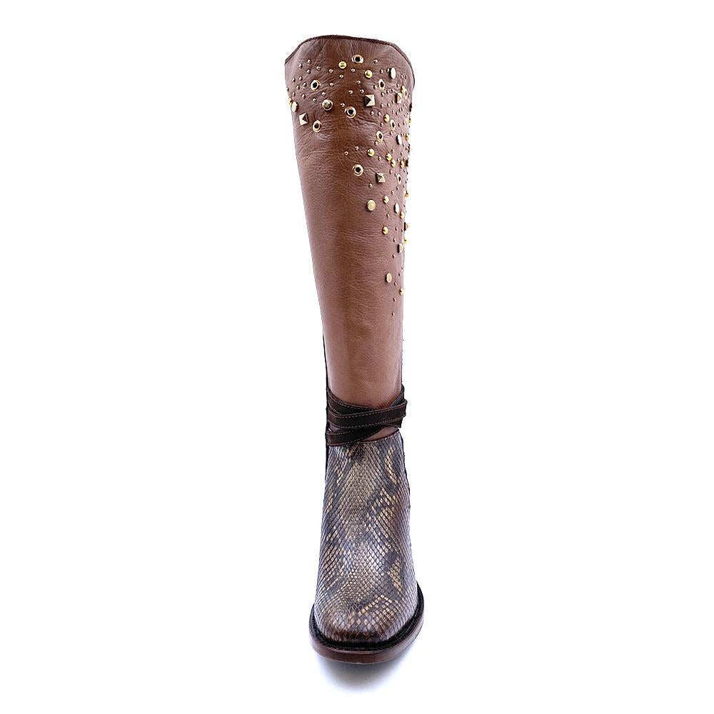 3W03PH - Cuadra brown western cowgirl python skin knee high boots for women-Kuet.us