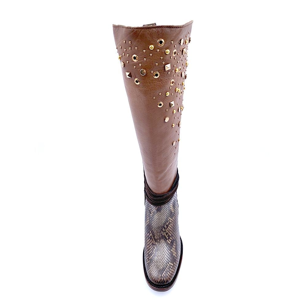 3W03PH - Cuadra brown western cowgirl python skin knee high boots for women-Kuet.us