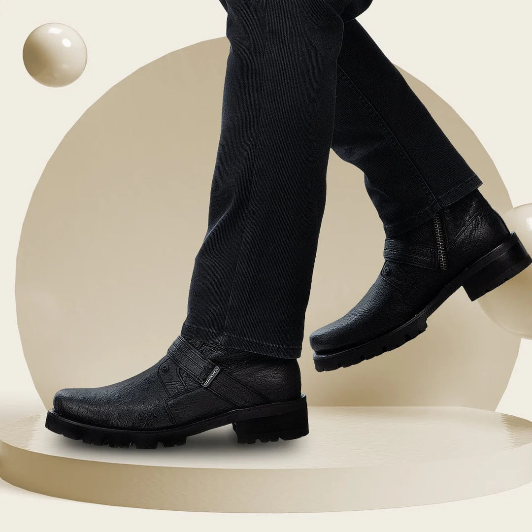4D24AB - Cuadra black dress casual ostrich leather zip ankle boots for men