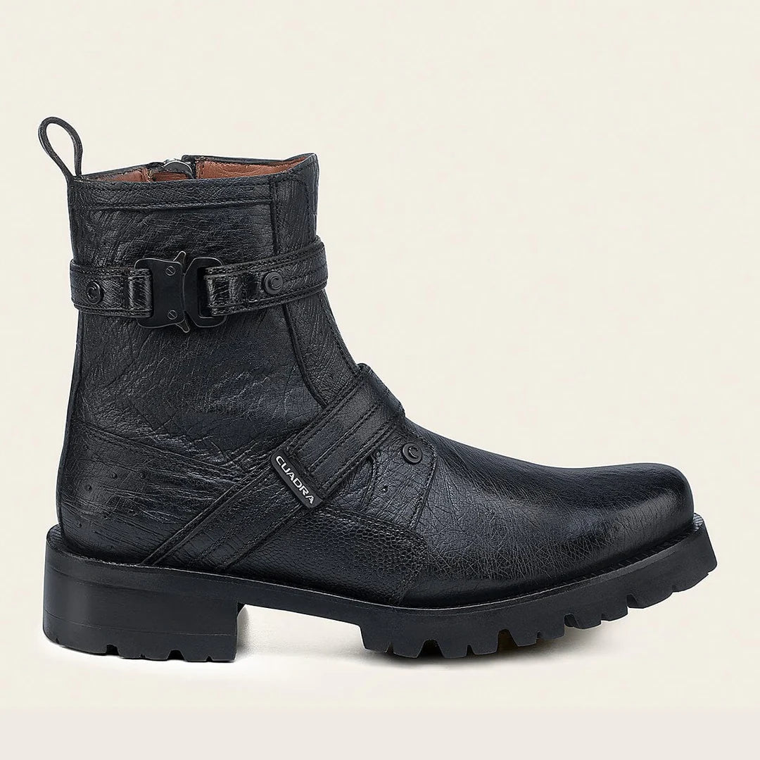 4D24AB - Cuadra Black Dress Casual Ostrich Leather Zip Ankle Boots