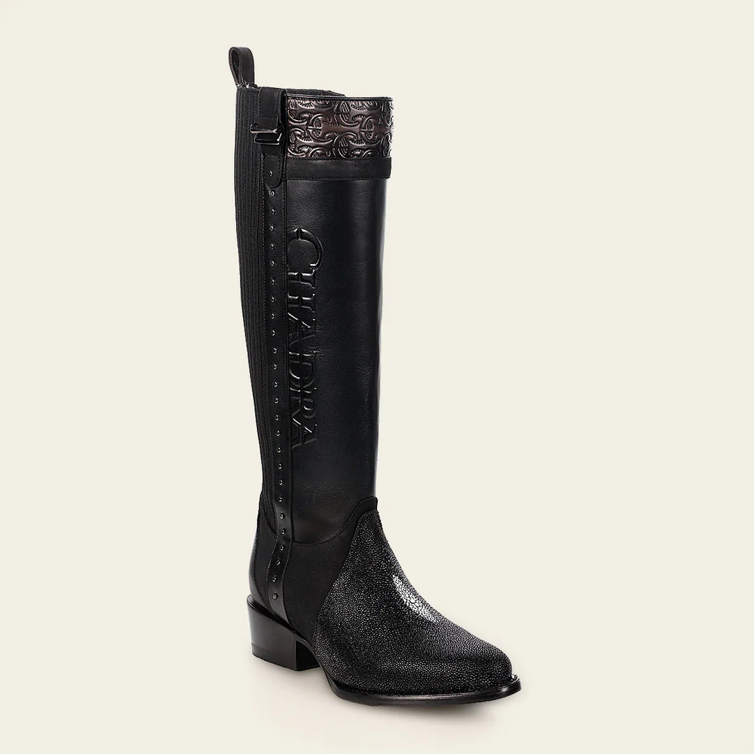 4X01MA - Cuadra black casual fashion leather strapped tall boots for women