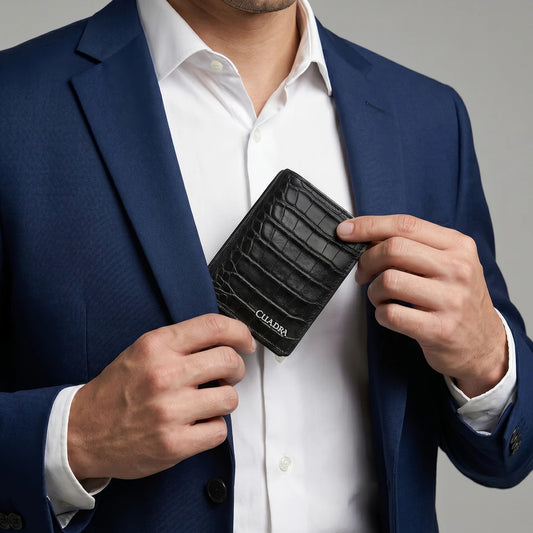 B3007AL - Cuadra black genuine alligator leather vertical bifold wallet for men
