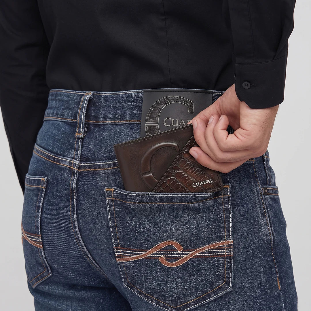 BC040AL - Cuadra chocolate alligator leather bi fold wallet for men