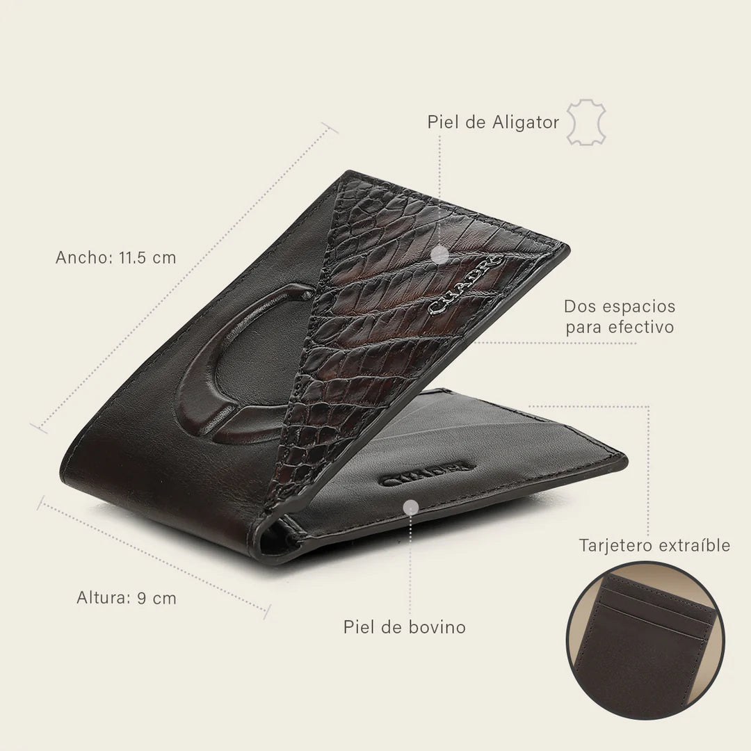 BC040AL - Cuadra chocolate alligator leather bi fold wallet for men