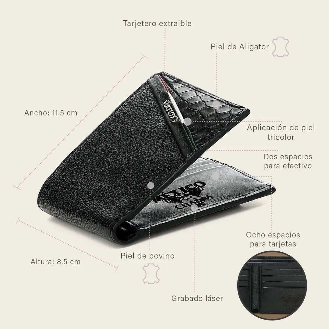 BC058AL - Cuadra black alligator leather bi fold wallet for men