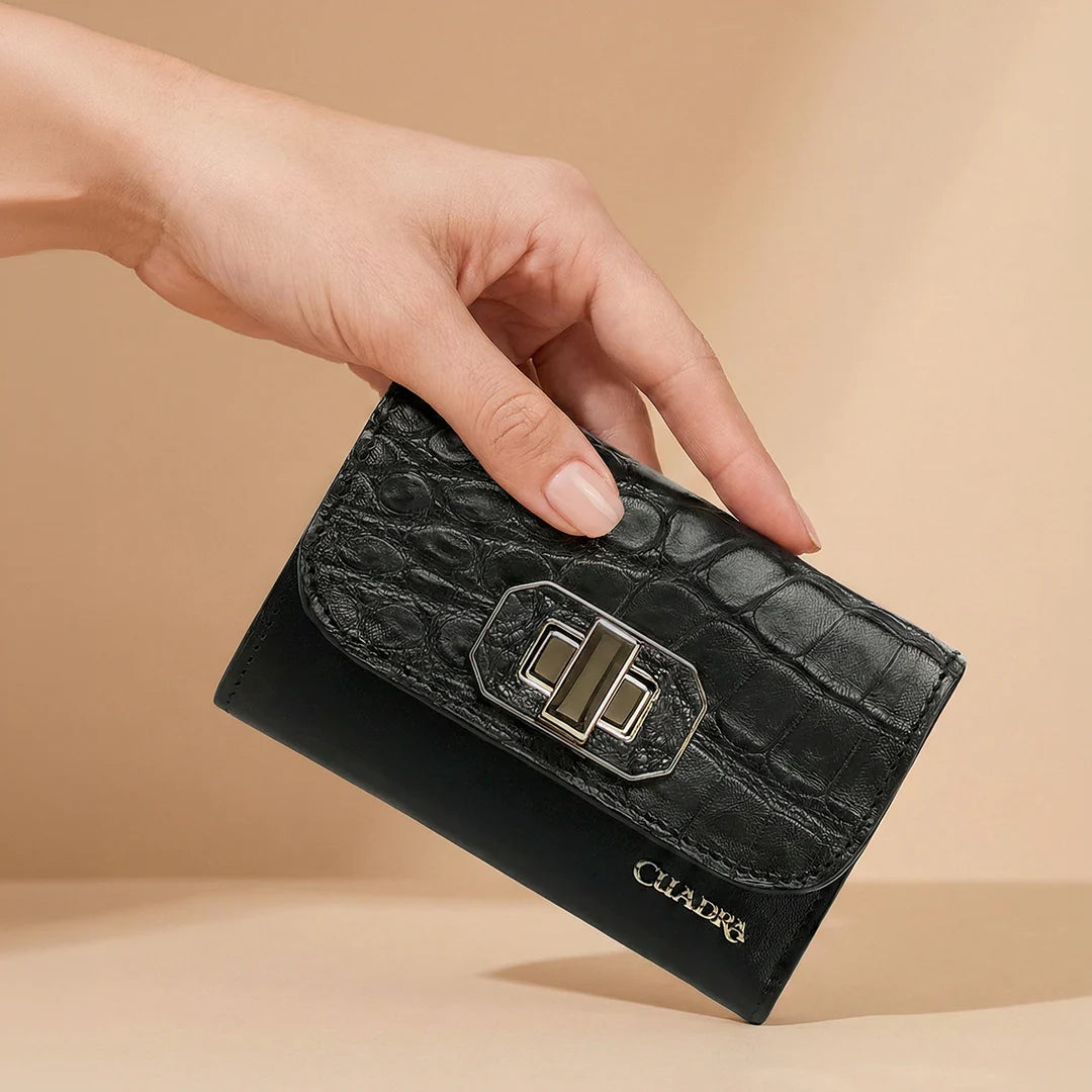BD266AL - Cuadra black casual fashion trifold alligator wallet for woman