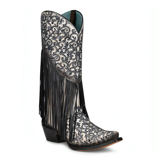 C3877 - M Corral black and white western cowgirl leather fringe boots for women-Kuet.us