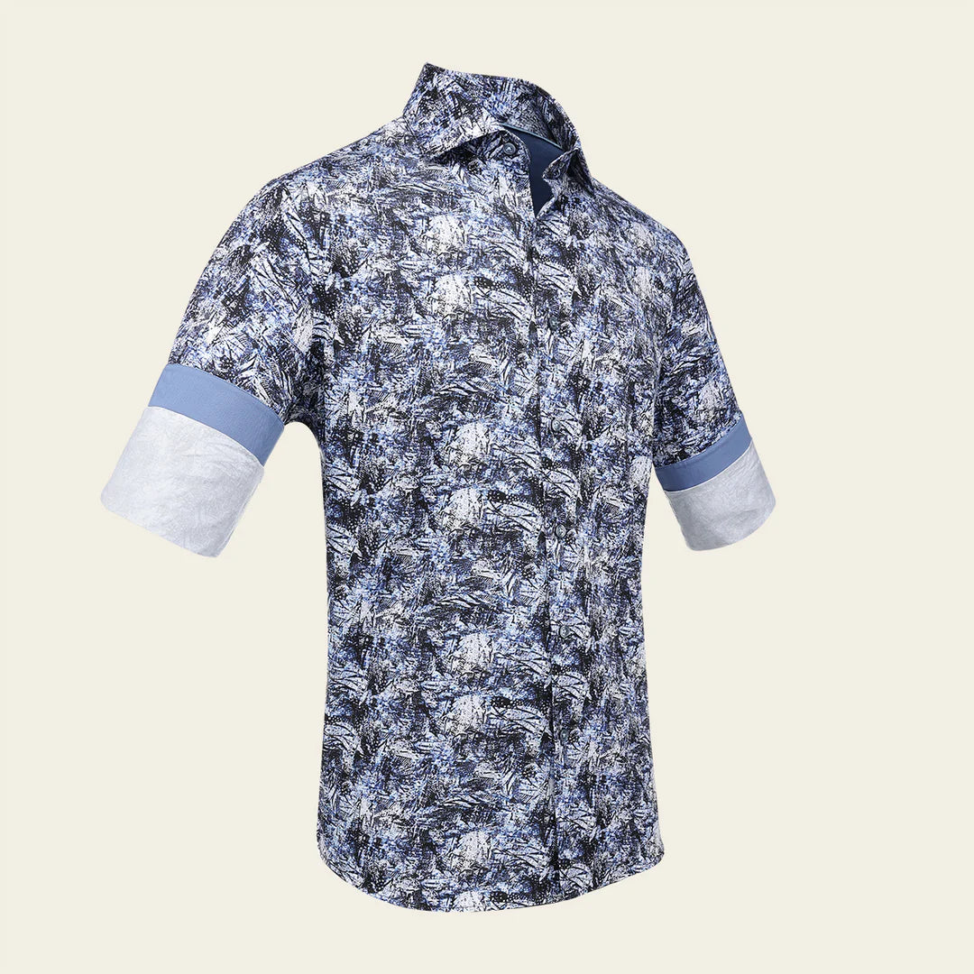 CM02615 - Cuadra Indigo Fashion Casual Washed Linen Abstract Shirt