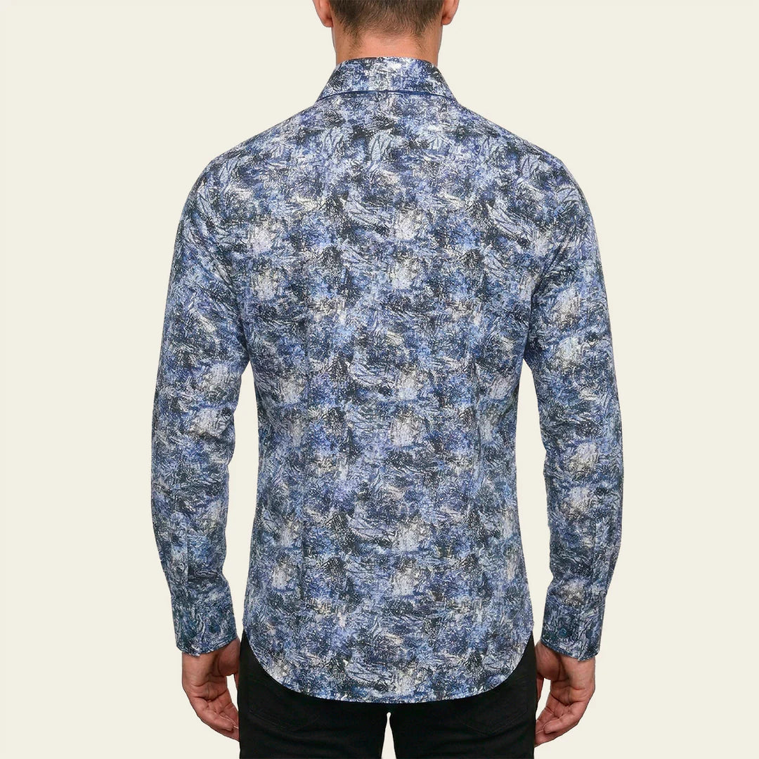 CM02615 - Cuadra Indigo Fashion Casual Washed Linen Abstract Shirt