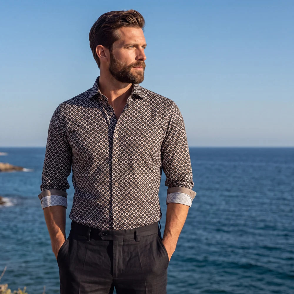 CM04117 - Cuadra brown medallion print long sleeve shirt for men