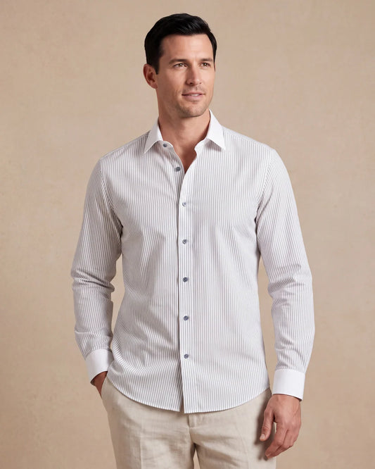 CM10104 - Cuadra navy stripe shirt with white contrast collar and cuffs for men