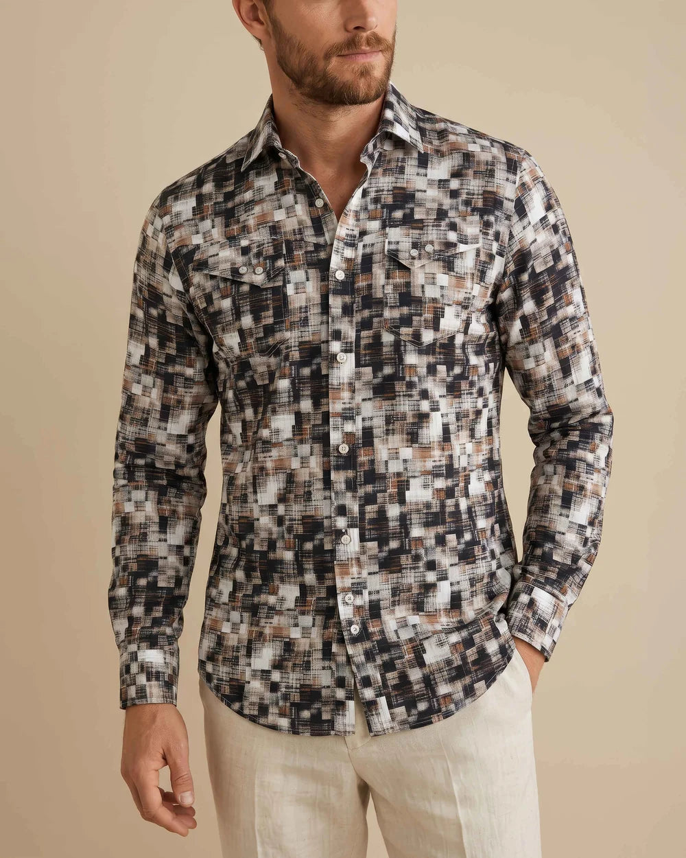 CMC0100 - Cuadra camel pixel print western snap shirt for men