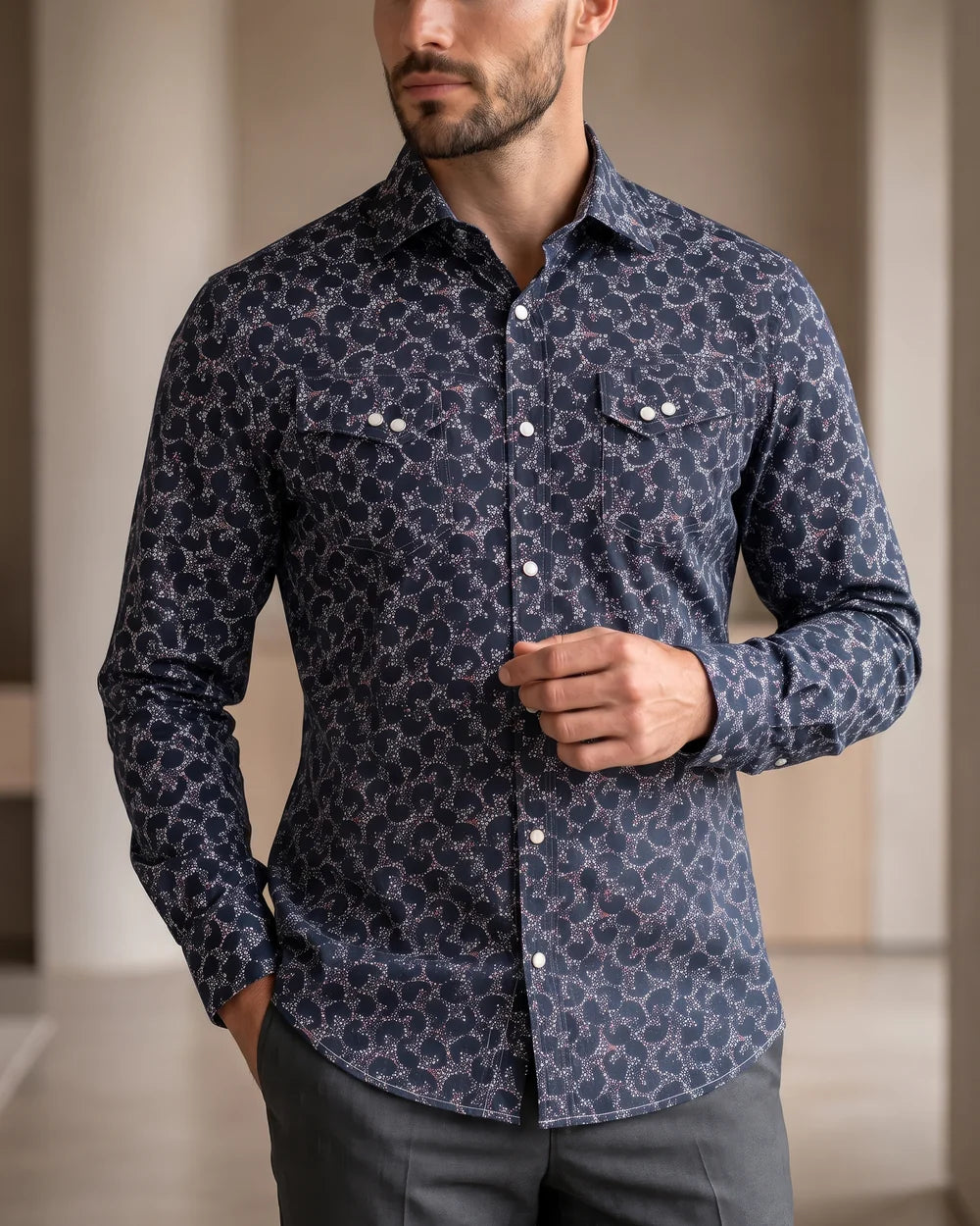 CMC1600 - Cuadra navy paisley print western snap shirt for men