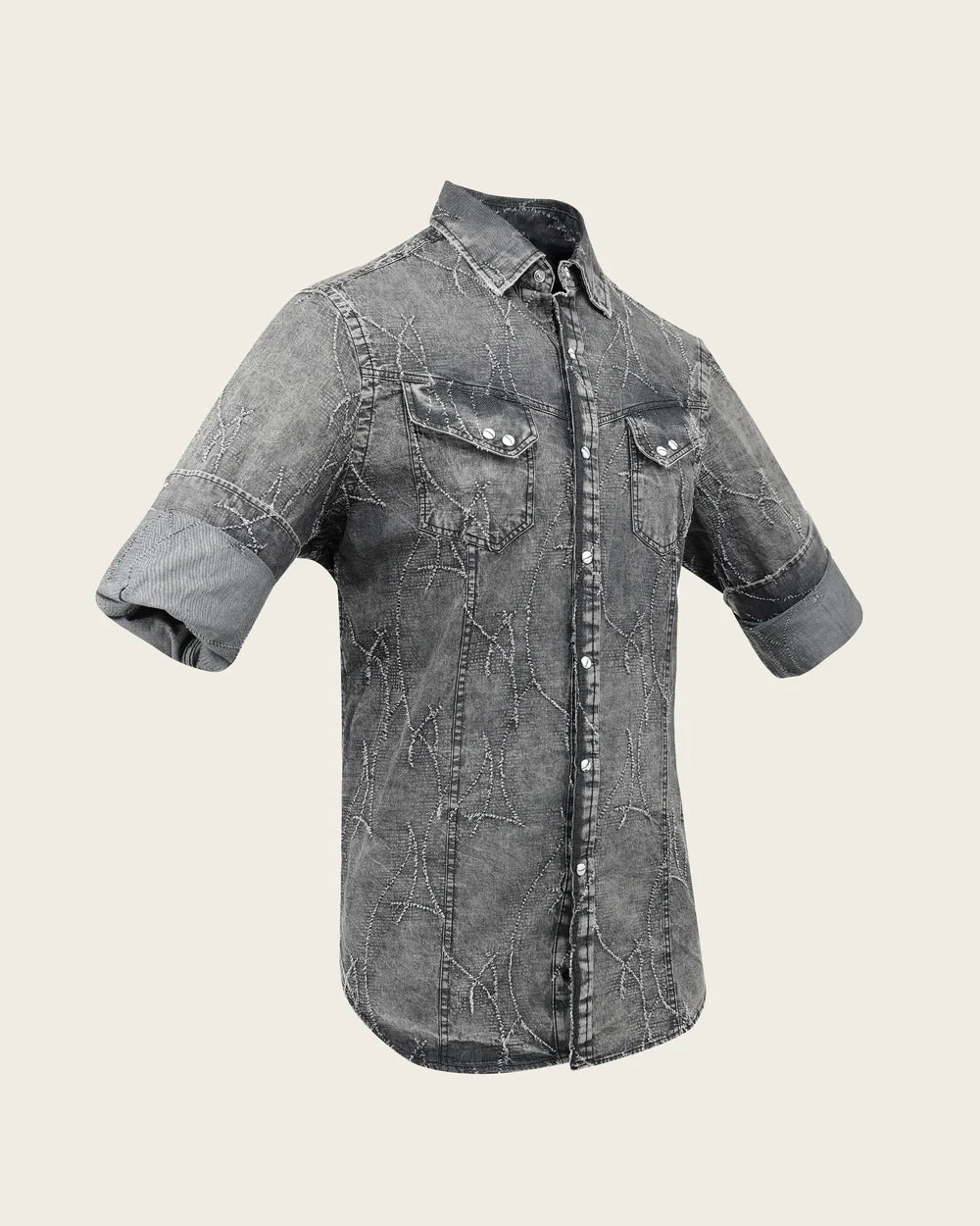 CMC2300 - Cuadra black washed denim frayed embroidery western shirt for men