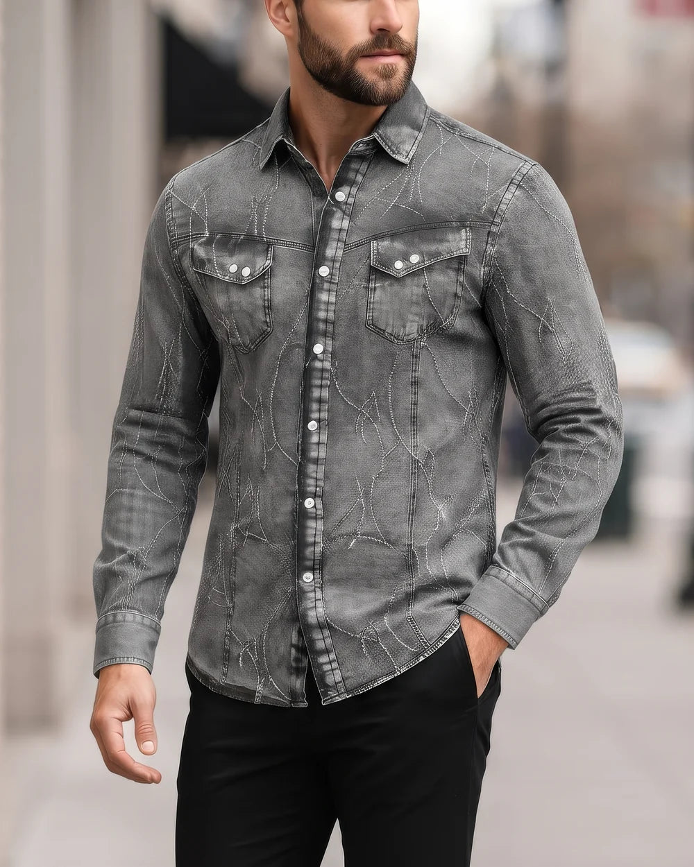CMC2300 - Cuadra black washed denim frayed embroidery western shirt for men
