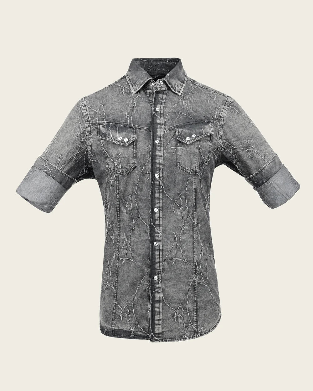 CMC2300 - Cuadra black washed denim frayed embroidery western shirt for men