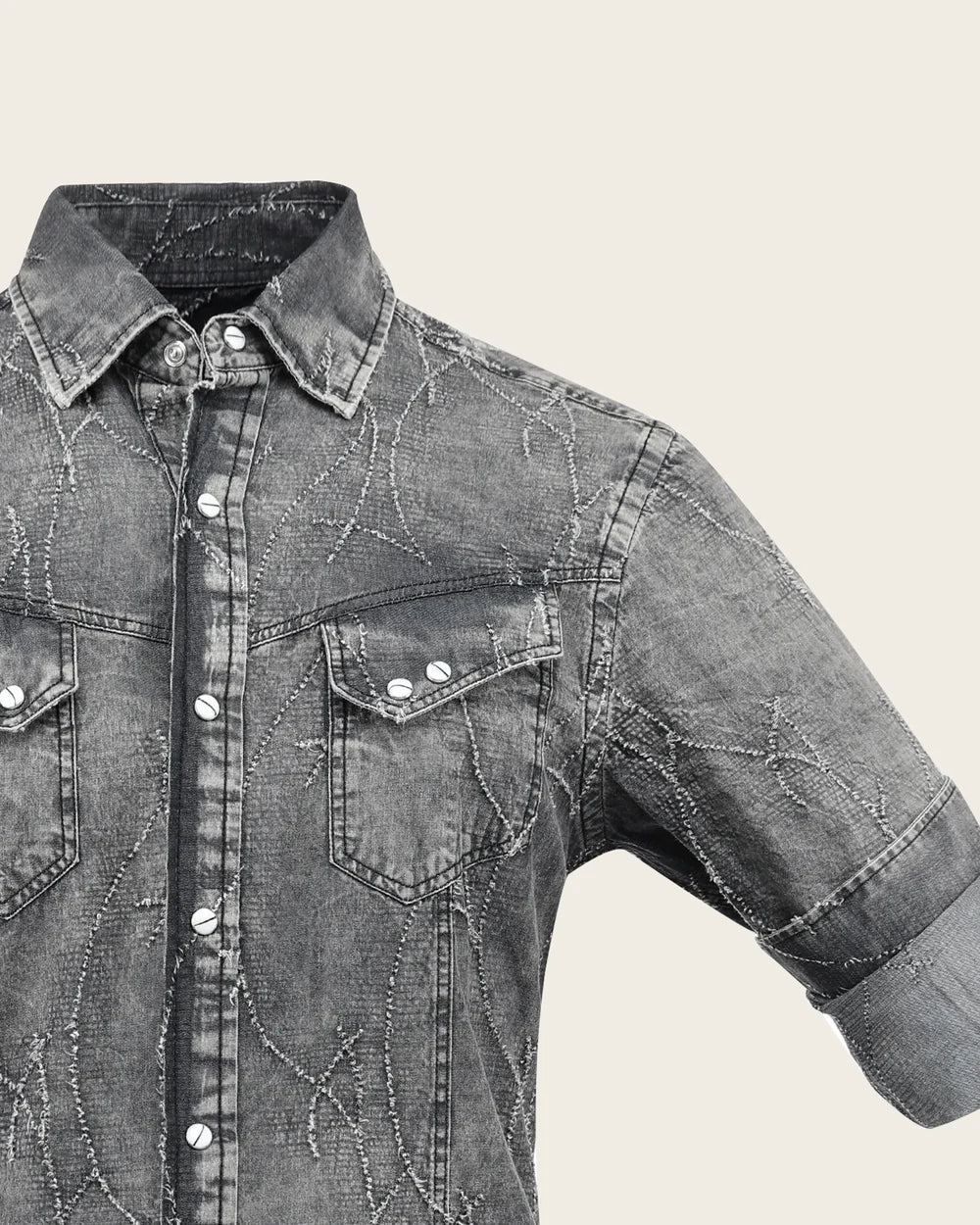 CMC2300 - Cuadra black washed denim frayed embroidery western shirt for men