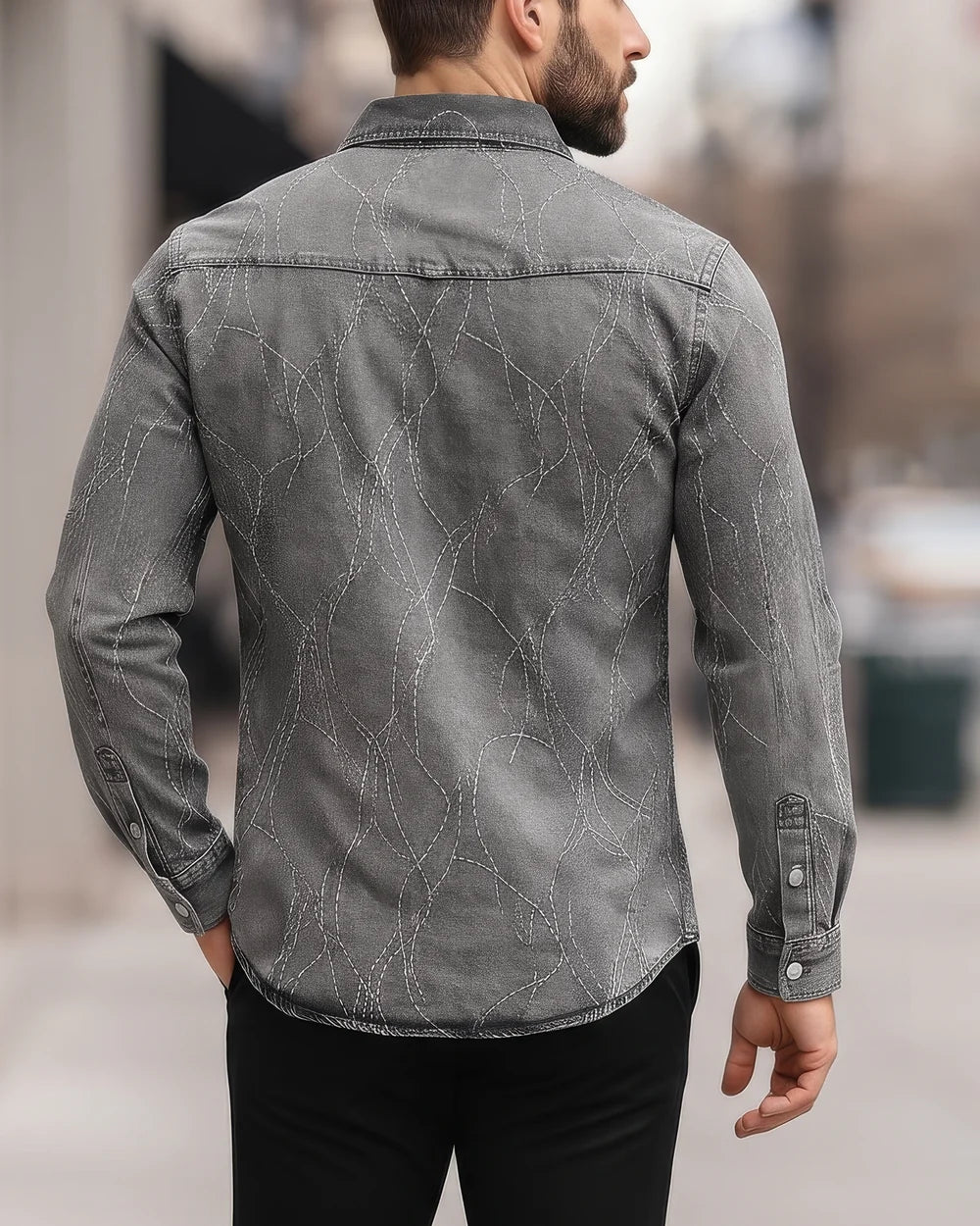 CMC2300 - Cuadra black washed denim frayed embroidery western shirt for men