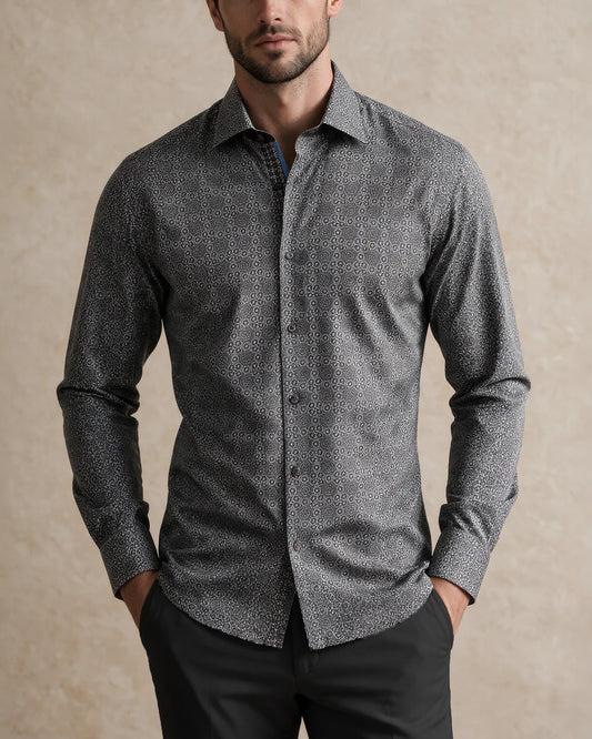 CMC5200 - Cuadra black medallion print shirt with contrast cuffs for men