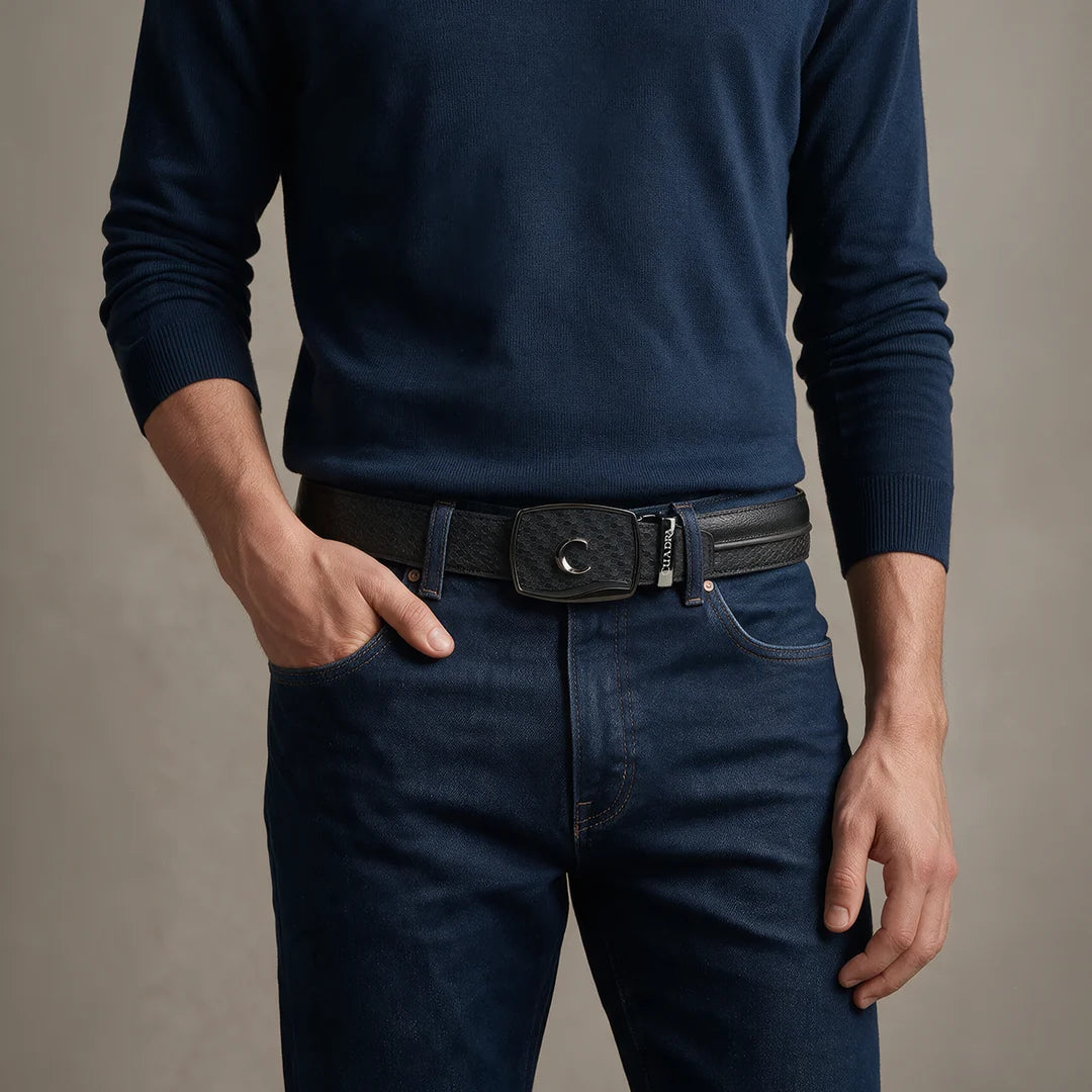 CV521RS - Cuadra black honeycomb textured cowhide leather ratchet belt for men