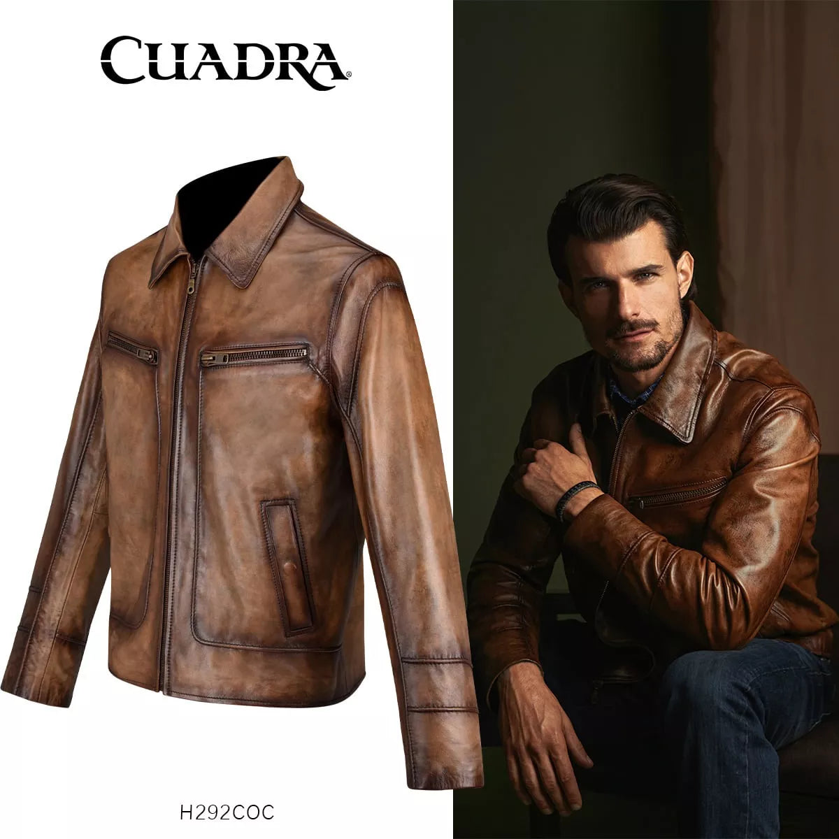 H292COC - Cuadra brown casual fashion quilted lambskin leather jacket for men