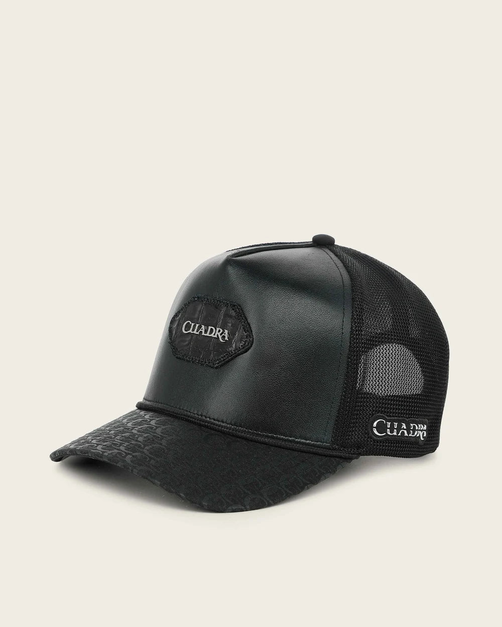 G0096FY - Cuadra black trucker cap with genuine caiman leather patch for men