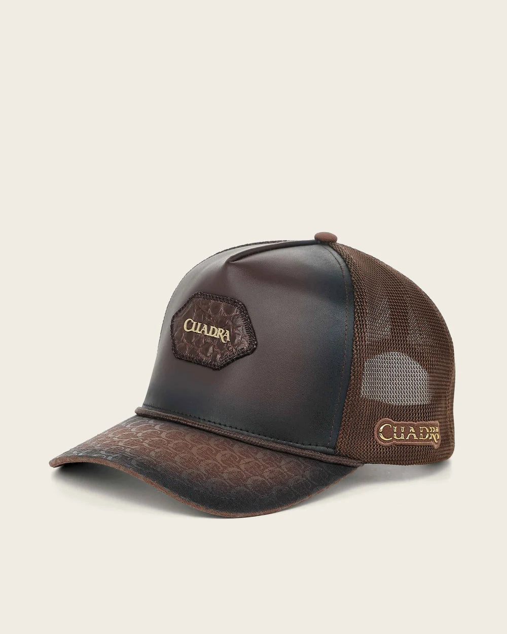 G0096FY - Cuadra brown trucker cap with genuine caiman leather patch for men
