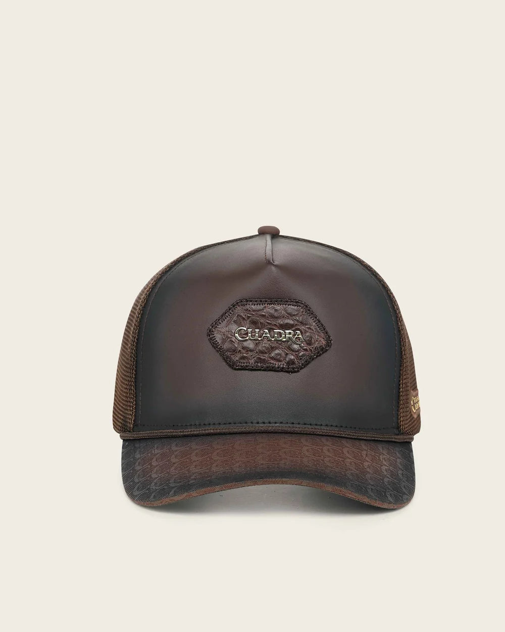 G0096FY - Cuadra brown trucker cap with genuine caiman leather patch for men
