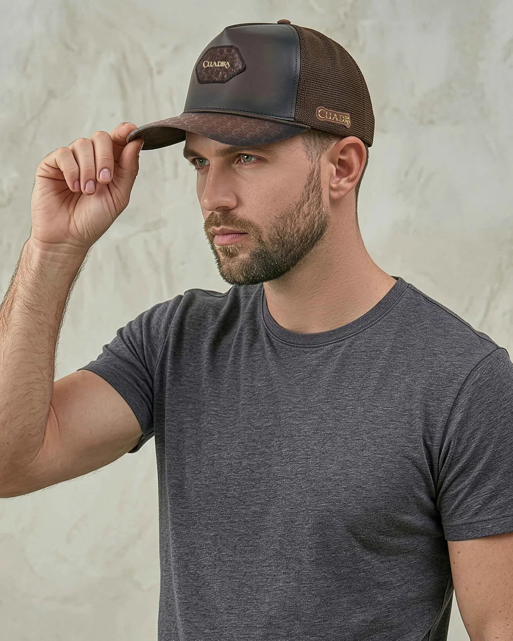 G0096FY - Cuadra brown trucker cap with genuine caiman leather patch for men