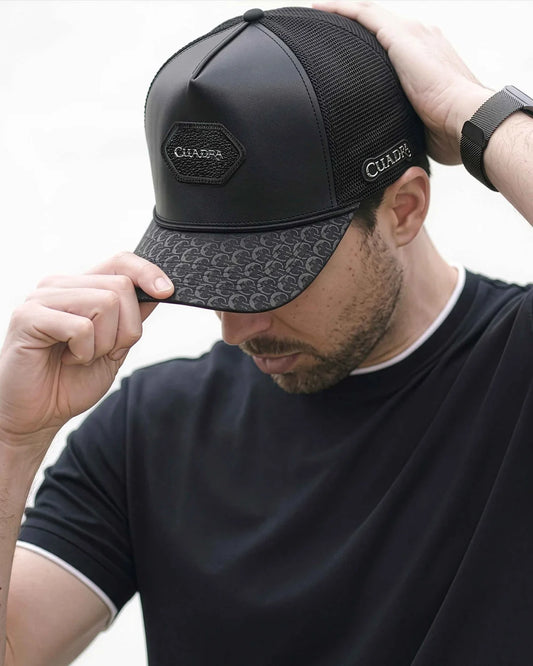 G0096MA - Cuadra black trucker cap with genuine stingray leather patch for men