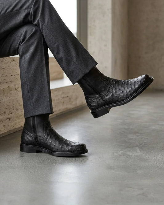 G10AVTS - Franco Cuadra black dress casual ostrich leather zip ankle boots for men